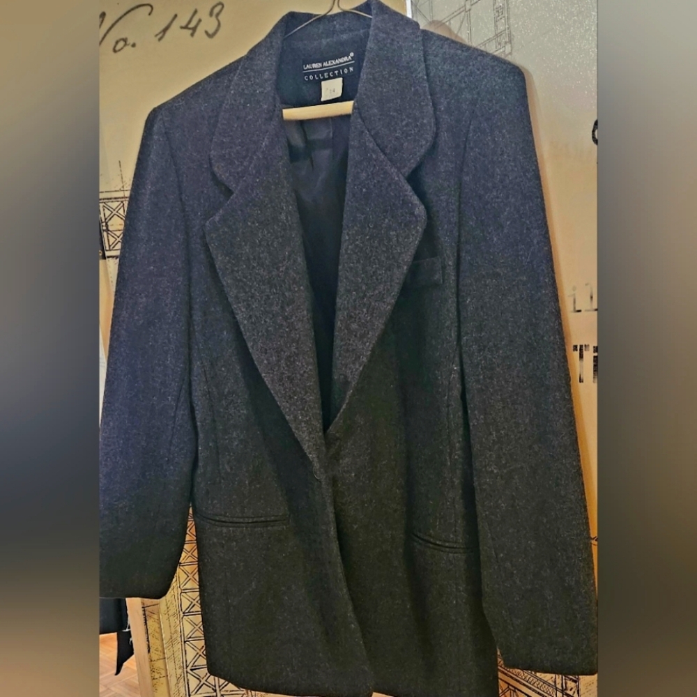 Charcoal Gray Tailored Blazer with Notched Lapels  - size 14